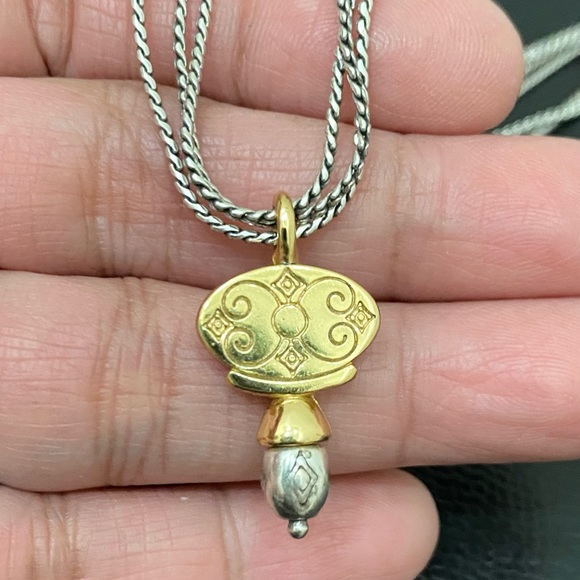 Retired BRIGHTON Venezia Gold/Silver Scrolled Oval Pendant 3-Strand Necklace - Picture 6 of 13